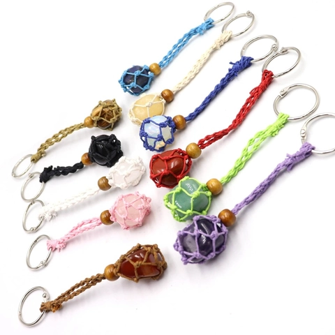Portachiavi Macramè Fatto Mano Corda Cotone Borsa Rete Porta Cristallo Perla Legno Stile Boho Ornamento Accessorio Borsa