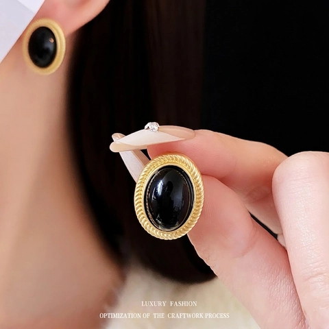 Collana E Orecchini A Lobo Vintage Resina Ovale Nera Lega Placcata Oro Con Perno In Argento Stile Francese Da Donna