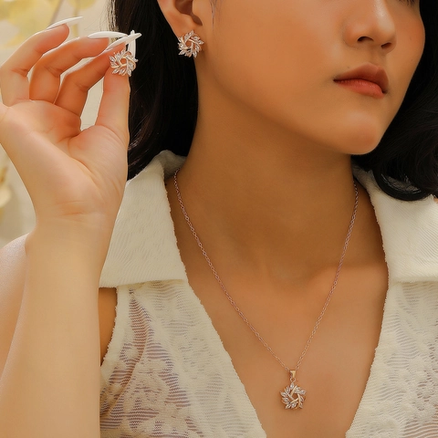 Elegantes Legierung Zirkonia Schneeflocke Schmuckset Für Damen Funkelnde Sternenstrahl Halskette Ohrstecker Winter Festlicher Schmuck