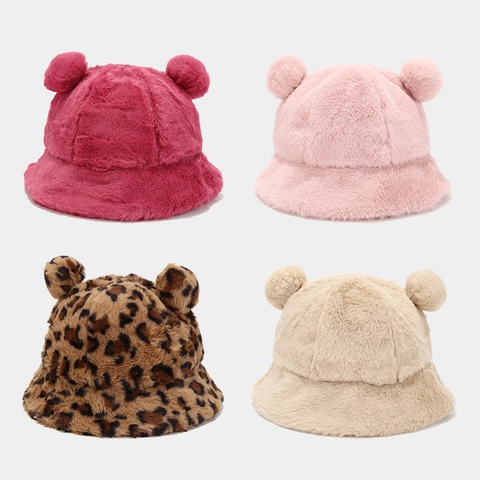 Cute Bear Ears Faux Rabbit Fur Bucket Hat For Women Winter Thick Warm Plush Fisherman Hat Leopard Solid Color Headwear