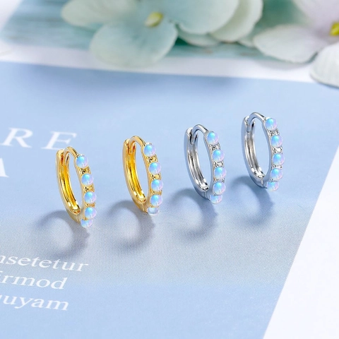 Minimalist Copper Hoop Earrings For Women Geometric Round Inlaid Rhinestone Artificial Opal Light Luxury Gold Silver Fashion Jewelry