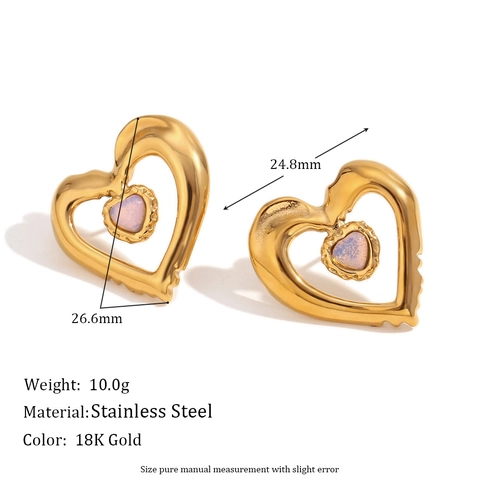Orecchini a Bottone a Cuore in Acciaio Inossidabile Minimalisti da Donna Strass Iridescente Placcati in Oro 18K