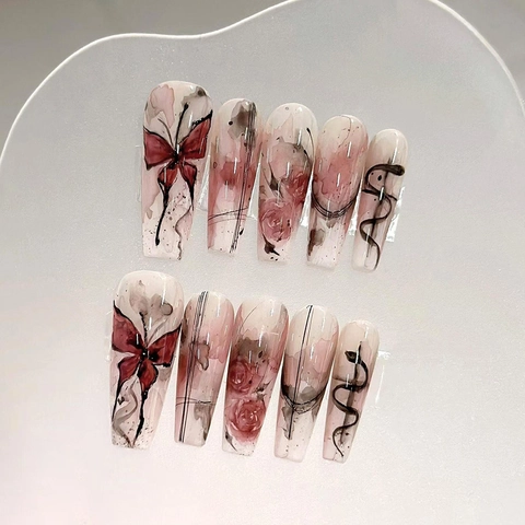 Uñas Postizas Press On Long Coffin Ballerina ABS Artístico Tinta Acuarela Rosa Roja Mariposa Diseño Para Mujeres
