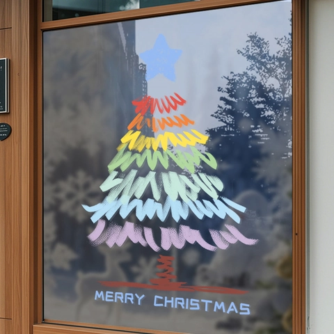 Pegatina Ventana Árbol Navidad Estática PVC Doble Cara Colorido Estilo Dibujado Mano Decoración Cristal Fiesta
