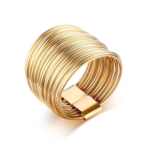 Minimalist Stainless Steel Multi Layer Wire Wrap Wide Band Ring For Women Men Gold Electroplated Geometric Fashion Finger Jewelry