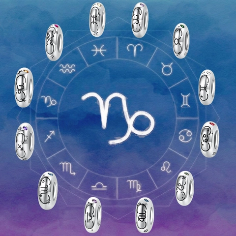 S925 Sterling Silver 12 Zodiac Charms Beads With Colorful Zirconia Oxidized DIY Pendant For Bracelet Necklace Women Jewelry