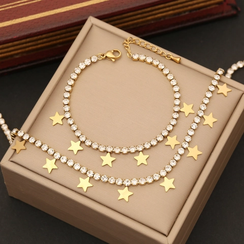 Collar Y Pulsera De Cadena De Tenis Con Colgante De Estrella Con Cristales De Acero Inoxidable Chapado En Oro Joyería Para Mujer