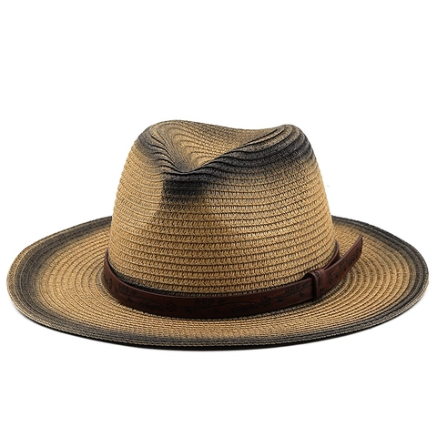 Vintage Ombre Straw Fedora Hat Wide Brim Gradient Braided Panama Jazz Sun Protection Cap With Embossed Leather Band