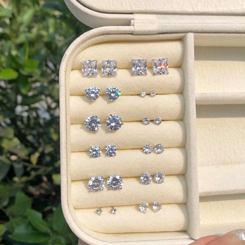 925 Sterling Silver Stud Earrings Heart Square Round Pear Geometric With 5A Zircon Exquisite Dainty Jewelry For Women