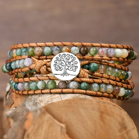 Bracelet Enroulé Fait Main Pierre Agate Indienne Naturelle Cordon Ciré Arbre De Vie Bouton Alliage Style Bohème Ethnique