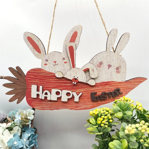 Targa Da Appendere In Legno Di Pasqua Design Carota Coniglio Scritta Happy Easter Ornamento Decorativo Casa Segno Di Festa