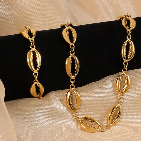 Collier Et Bracelet En Acier Inoxydable Plaqué Or Coquillage Pour Femmes Style Océan Plage Été Vacances