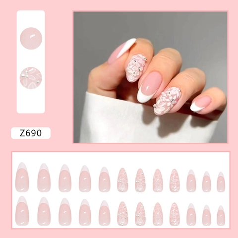 Unghie Finte Mandorla Lunga French Punta Bianca Rosa Nude Fiore Rilievo 3D Perla Artificiale Elegante
