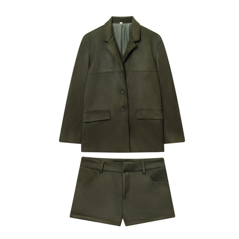 Women Faux Suede Jacket And Shorts Solid Color Vintage Casual Streetwear Olive Green Lapel Coat
