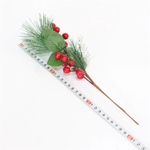 Artificial Christmas Pine Needle Branch Red Berries Snow Flocked Satin Leaves PVC Foam Iron Wire Holiday Home Table Decor