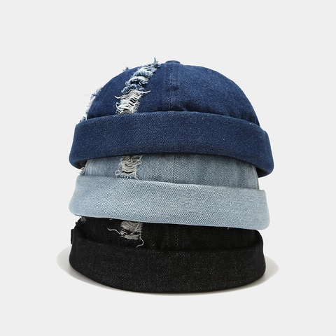 Distressed Denim Docker Hat Brimless Miki Cap For Men Vintage Streetwear Hip Hop Adjustable Solid Cotton