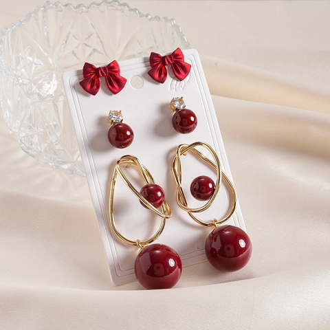 Pendientes Lazo Perla Artificial Imitación Aleación Con Poste Plata Ley 925 Estrás Rojo Geométrico Joyería Retro