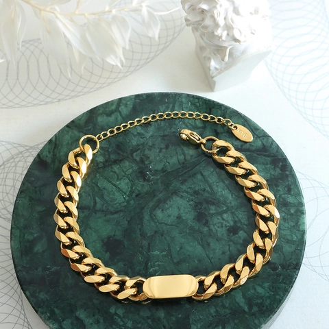 Collana E Bracciale A Maglia Cubana In Acciaio Al Titanio Placcato Oro 18K Con Piastra Rettangolare Minimalista Per Donna