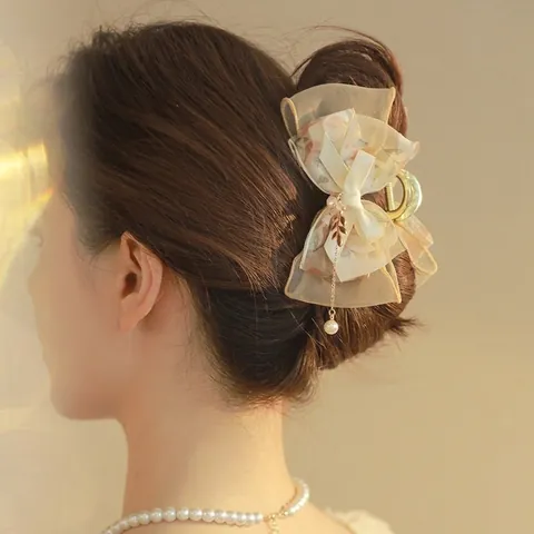 Pinza De Pelo Grande Elegante Aleación Organza Lazo Perla Artificial Borla Patrón Floral Horquilla Dulce Hada Para Mujer