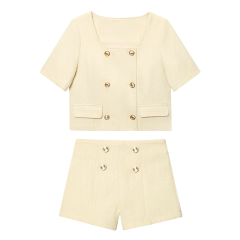 Elegant Women Tweed Blazer And Shorts Outfit Short Sleeve Double Breasted Golden Button French Style Yellow