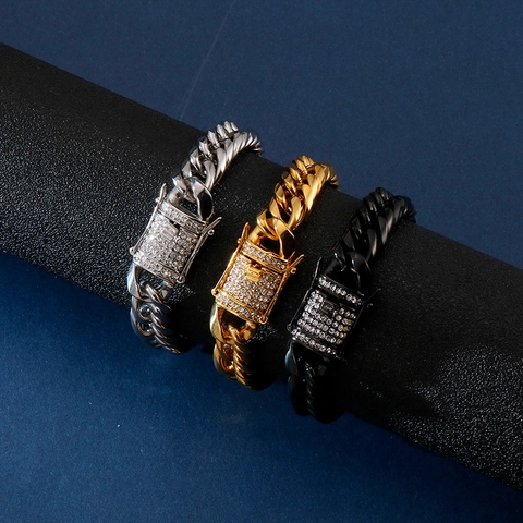 Pulsera De Cadena De Eslabones Cubanos Para Hombre De Acero Inoxidable Pulido Joyería Hip Hop Punk Con Cierre De Diamantes