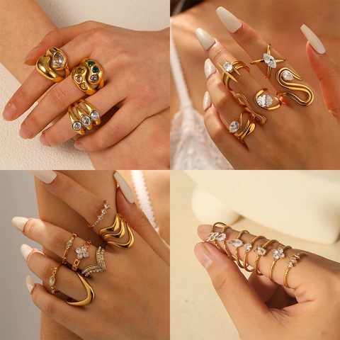 Gold Plated Geometric Rings For Women 304 Stainless Steel With Cubic Zirconia Light Luxury Minimalist Adjustable Jewelry