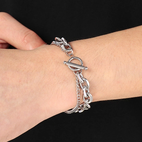 Double Layer Stainless Steel Chain Bracelet With Toggle Clasp Hip Hop Fashion Jewelry For Men And Women