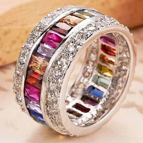 Luxury Eternity Band Ring For Women Colorful Baguette Zircon Alloy Full Circle Sparkly Rhinestone Party Fashion Jewelry