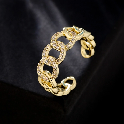 Elegante 18K Vergoldete Kupfer Ringe Für Damen Geometrische Herz Kette Design Mikro Zirkon Einlage Schmuck Verstellbar