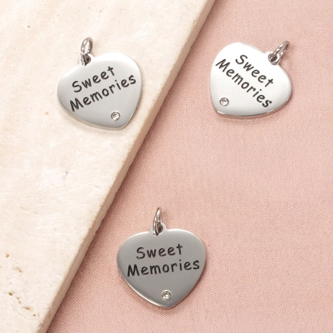 Dije Corazón Acero Inoxidable Grabado Sweet Memories Con Rhinestone Para Creación Joyas DIY Accesorio Pulido