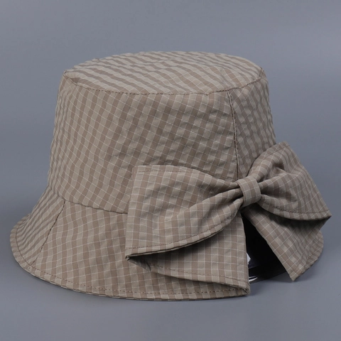 Women Japanese Style Gingham Bucket Hat Large Butterfly Bow Sun Protection Breathable Polyester Cotton Foldable Casual Travel Sun Hat