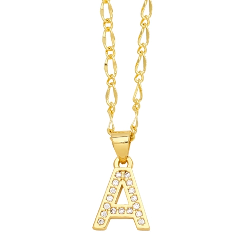 Alphabet Initial Pendant Necklace Gold Plated Copper With Cubic Zirconia Figaro Chain Trendy Fashion Jewelry For Women