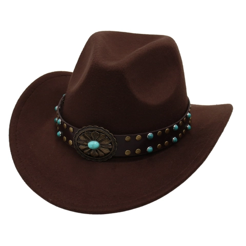 Chapeau De Cow-Boy Western Vintage Feutre Polyester Bande Décorative Turquoise Style Ethnique Bord Large Hommes Femmes Enfants