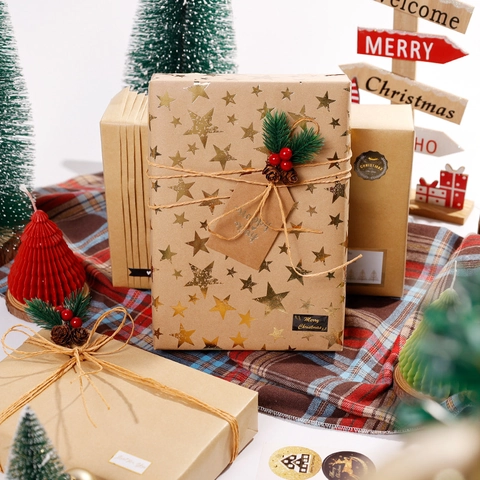 Christmas Kraft Wrapping Paper Roll Gold Stamping Star Dot Patterns Waterproof Holiday Gift Wrap DIY Crafts