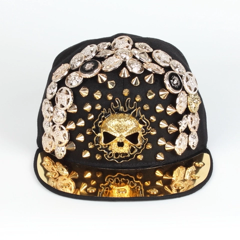 Punk Baseball Cap With Metal Rivets Skull Leopard Head Alloy Mirror Gold Brim Hip Hop Snapback Hat For Men Women