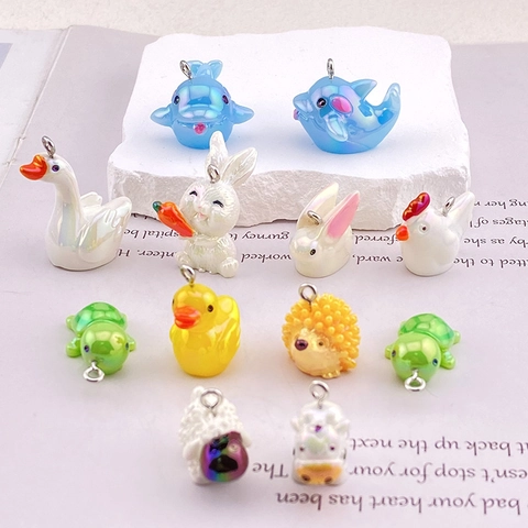 Dijes De Animales Dibujos Animados Pendentes Resina Irisada AB Para Fabricación Joyería DIY Artesanía Delfín Conejo Pato