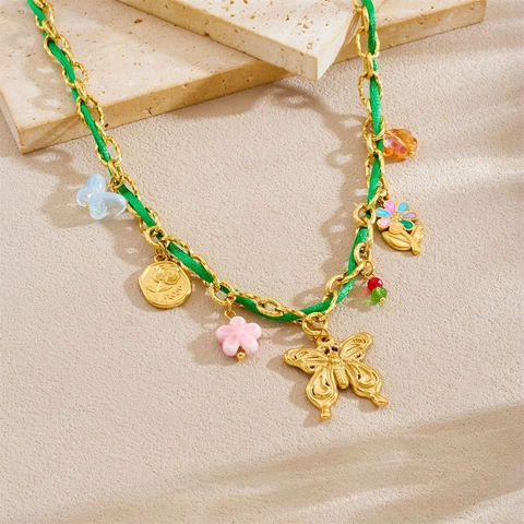 Butterfly Flower Pendant Necklace Stainless Steel Gold Plated With Green Woven Rope Fairy Style Sweet Jewelry For Women