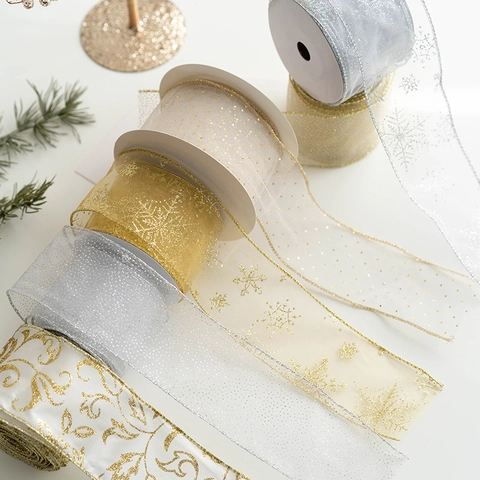 Ruban Décoratif De Noël En Maille Organza À Flocons Scintillants Pour Noeuds Sapin Guirlande Décoration De Cadeaux