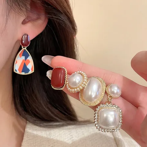 Pendientes De Perlas Artificiales De Corazón Esmalte Gota De Aceite Joyería Vintage Elegante Para Mujeres Con Silver Earring Post