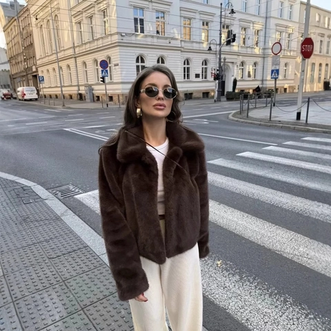Women Faux Fur Jacket Short Coat Fluffy Warm Lapel Long Sleeve Casual Brown Streetwear Winter Outwear