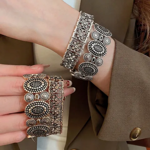 Bracciale In Lega Vintage Bohémien Fiore Cavo Geometrico Strass Braccialetto Elastico Gioielli Da Donna