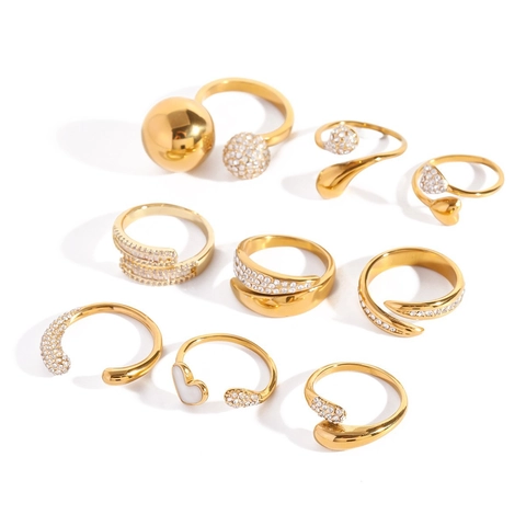 18K Gold Plated Stainless Steel Adjustable Open Ring With Zircon Sparkling Waterproof Elegant Fashion Jewelry For Women