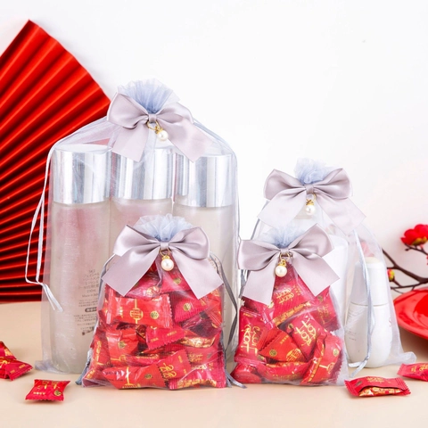 Organza Gift Bags Gray Mesh Drawstring Pouches With Bow And Faux Artificial Pearl Ornament For Wedding Party Jewelry Packaging