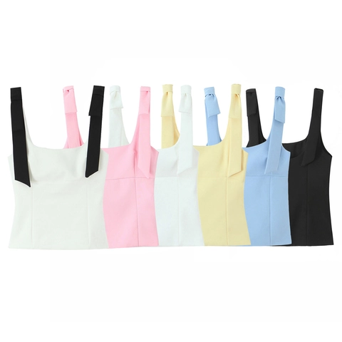 Women Polyester Tank Top Bow Tie Straps Square Neck Slim Fit Solid Color Casual Summer Camisole