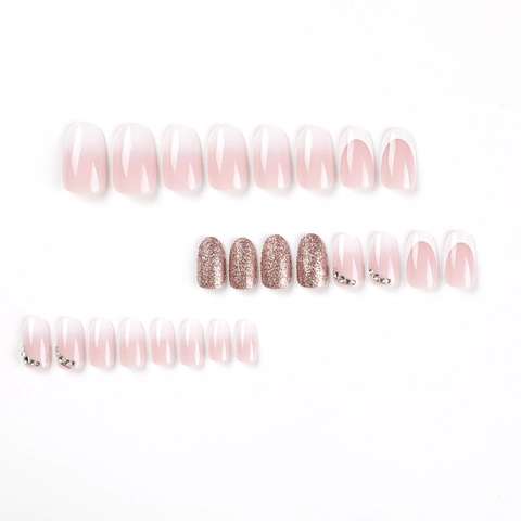 French Tip Press On Nagels Roze Ombre Glitter Amandelvorm Kunstnagels Met Steentjes Elegante Manicure Voor Dames