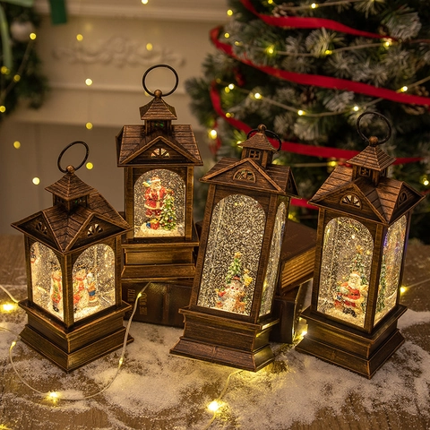 Christmas Snow Globe Lantern Music Box Retro LED Light Swirling Glitter Santa Claus Snowman Tabletop Ornament Festive Gift