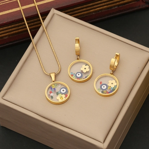 Evil Eye Schmuckset Edelstahl Blumenhalskette Ohrringe Böhmisch Bunte Steine Vergoldet Für Damen