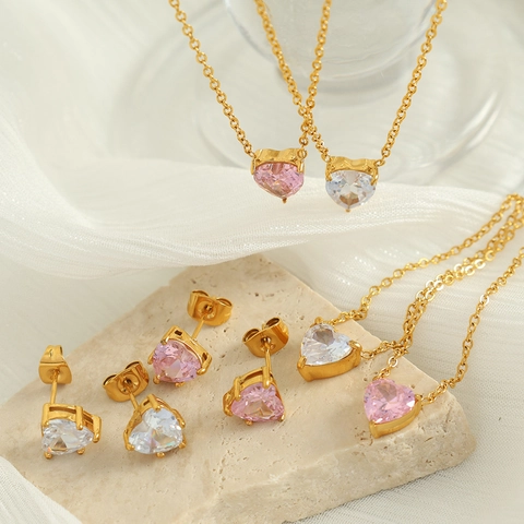 Elegante Set Di Gioielli A Cuore In Zirconia Acciaio Al Titanio Placcato Oro Collana E Orecchini In Zirconia Bianchi E Rosa Regalo Di San Valentino Per Donna