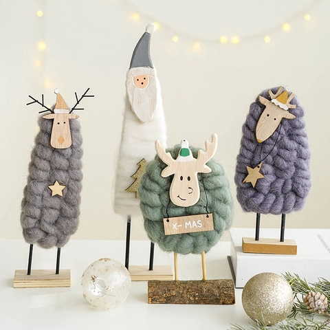 Ornements De Noël De Bureau Nordiques Feutre De Laine Bois Renne Mouton Père Noël Fait Main Décoration De Table Festive