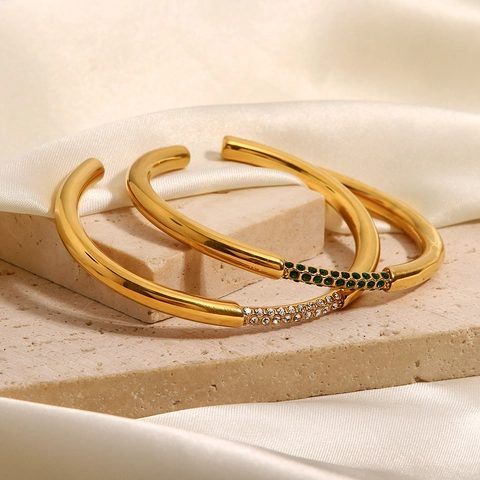 Women Cuff Bracelet 18K Gold Plated Stainless Steel Geometric Inlaid Green White Zircon Minimalist Jewelry